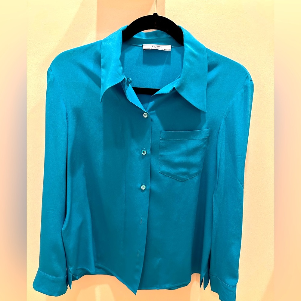 Prada solid blue silk button down